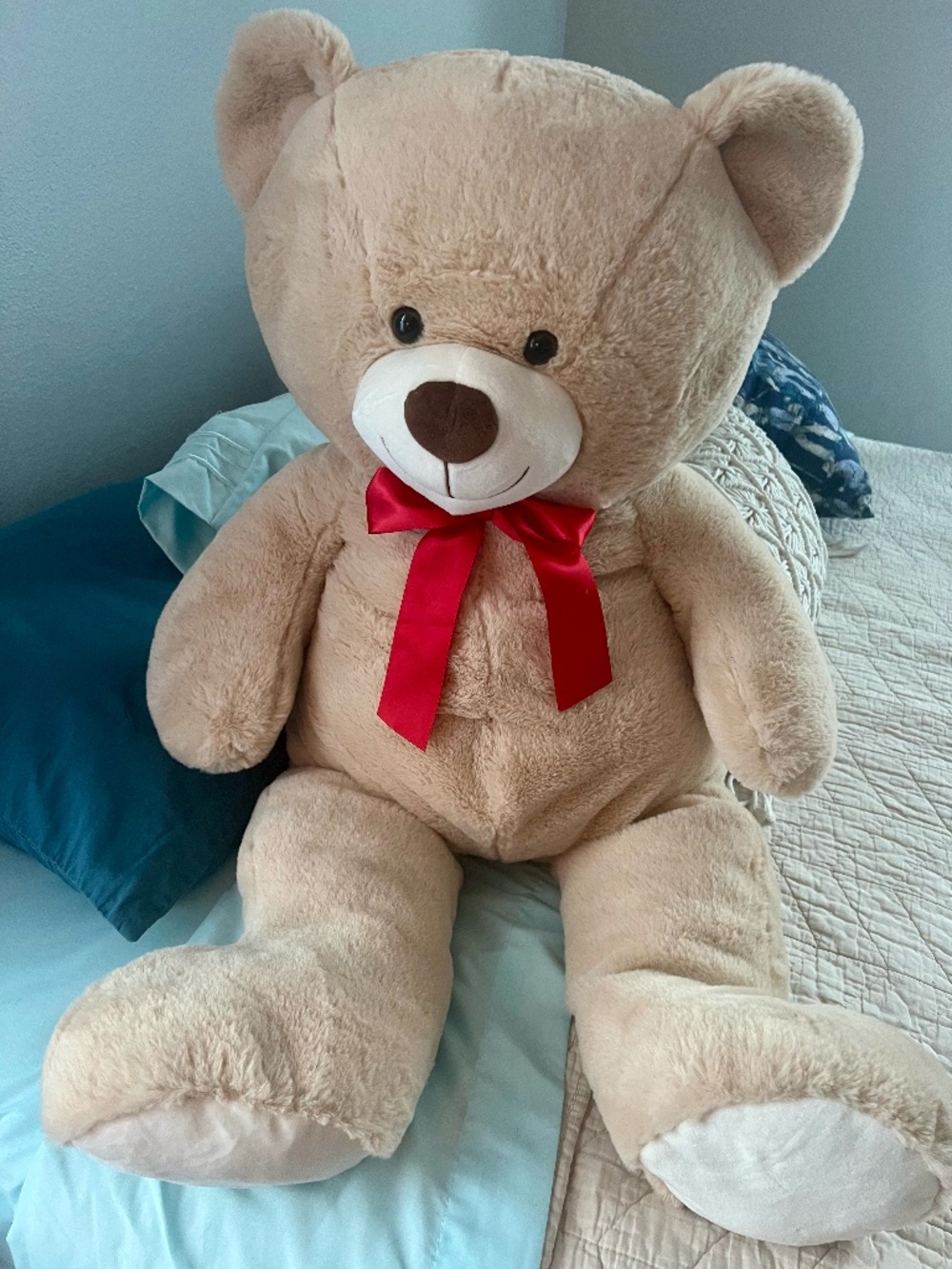 Large Teddy Bear w/ red bow, clean!